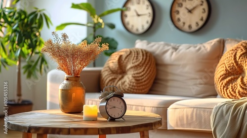 Boho interior design of modern living room  home. Close-up of the alarm clock on round wooden table near the sofa.