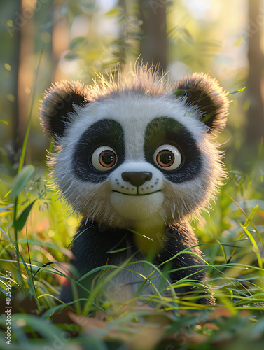 panda, 3D illustration, digital art, cute, cartoon, playful, black and white, bamboo, wildlife, animal, adorable, children's illustration, children's book, fantasy, magical, magical creature, magic, w