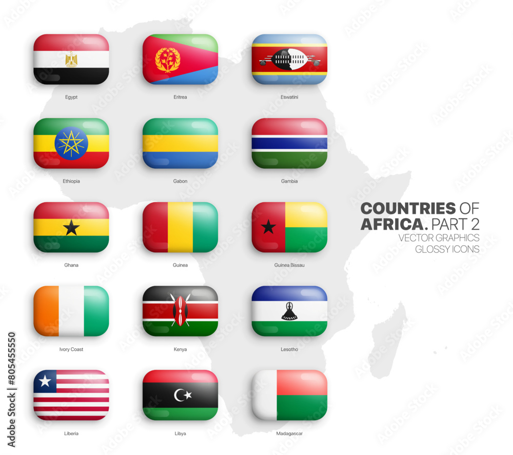 All African Countries Flags Vector 3D Rounded Glossy Icons Set Isolated ...