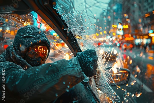 Intense imagery of a person in blue creatively captured breaking into a car with shards flying photo