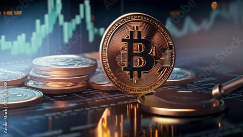 bitcoin market and cryptocurrency concepts with beautiful bokeh background, Scattered Euro coins of various denominations rest on a black background photo