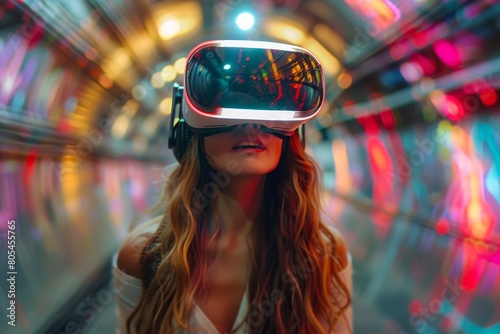 A person in a colorful, neon-lit tunnel wearing a VR headset, hinting at an immersive futuristic experience