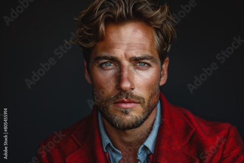 Portrait of a man with captivating blue eyes, wearing a textured red sweater against a dark background