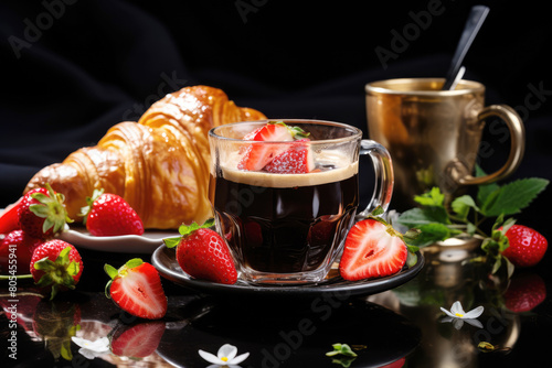 generated Illustration of espresso coffee cup and croissant with fresh strawberries