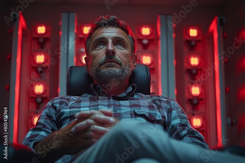 A man appearing relaxed and reflective as he reclines in a chair, surrounded by ominous red lighting © Larisa AI