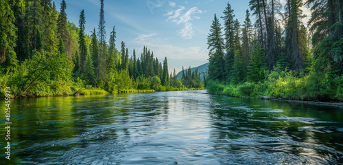 A serene river bend, flanked by towering trees and underbrush in varying shades of green. The river's smooth surface reflects the sky,  photo