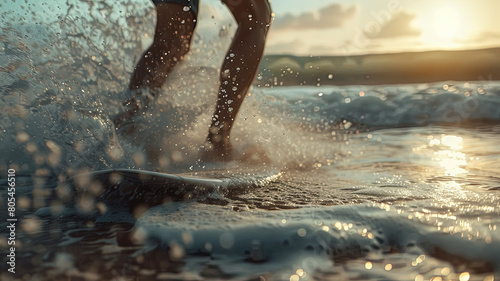 close up of a surfinger doung tricks on the water, water drops background, oceanic scene background