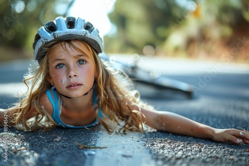 A young girl in a blue helmet lies on the road, depicting the aftermath of a bicycle accident