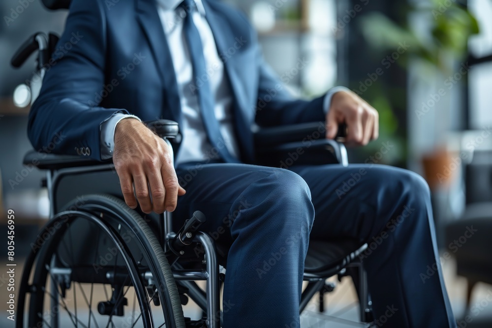 An image of a businessman in a wheelchair making an adjustment, conveying a sense of control and self-sufficiency An image of a businessman in a wheelchair making an adjustment, conveying a sense of control and self-sufficiency