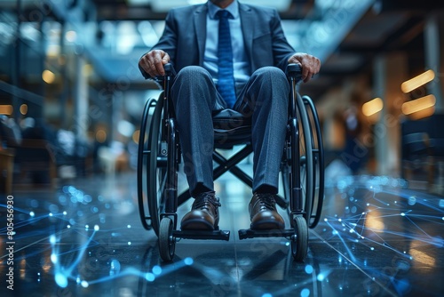 An image showcasing a disabled man in a wheelchair against a digital network backdrop, symbolizing connectivity and technology's role in accessibility