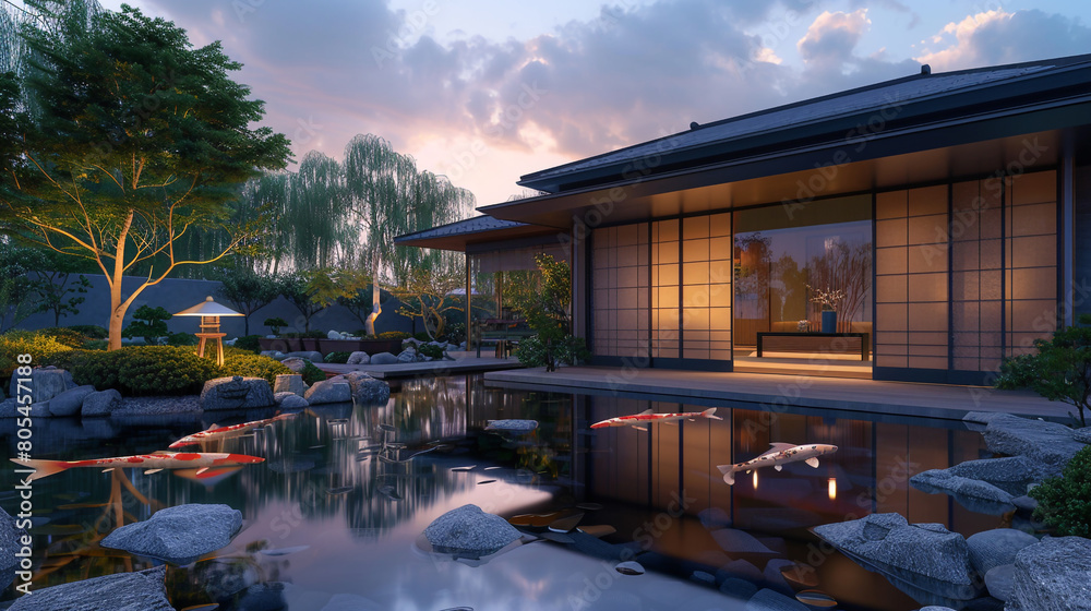 A serene Japanese-inspired home at dusk, with sliding shoji screens and a tranquil koi pond, surrounded by a meticulously maintained Zen garden that invites reflection 