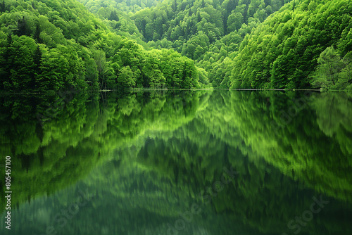 A serene lake reflecting the verdant hues of surrounding forests, with the calm water creating a perfect mirror image that blends the boundaries between earth 