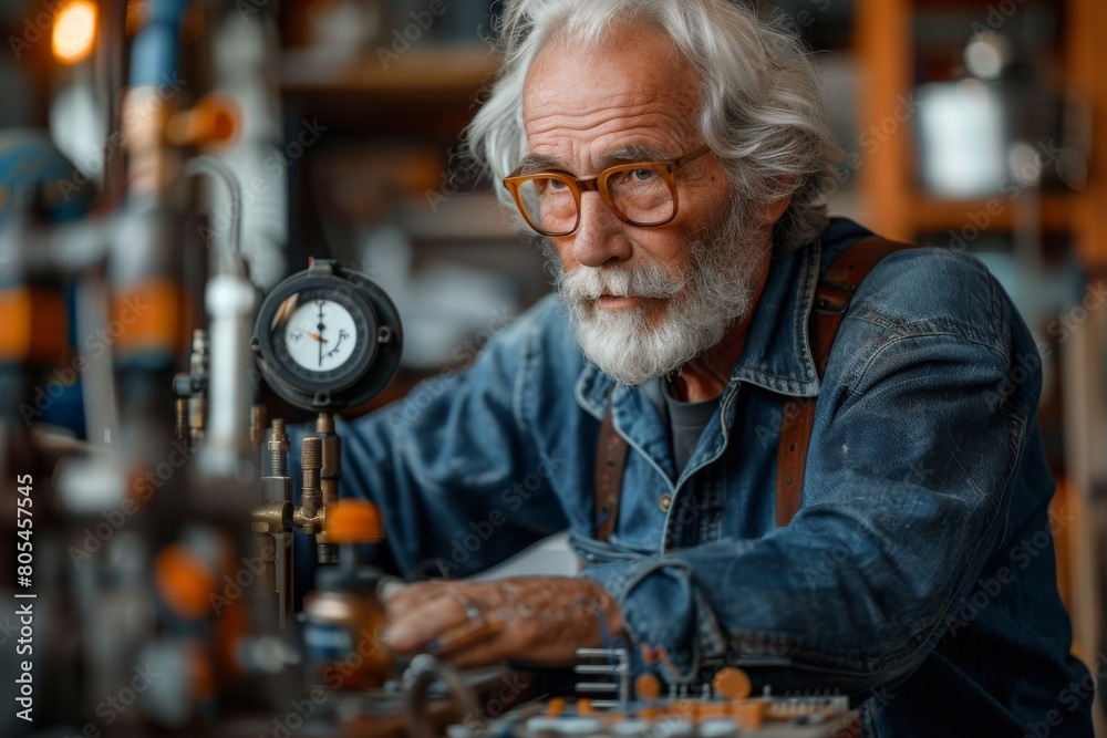 An elderly craftsperson meticulously operates machinery, showcasing the timeless skill of manual craftsmanship An elderly craftsperson meticulously operates machinery, showcasing the timeless skill of manual craftsmanship