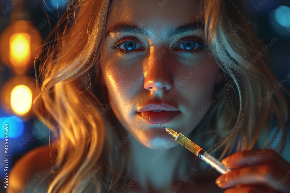 Fototapeta premium An intense close-up shot of a woman with striking blue eyes holding a syringe close to her lips, exuding a sense of mystery