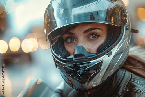Close-up of a motorcyclist in gear with helmet obscured by a square blur, hinting at identity privacy on a bright, bokeh background photo