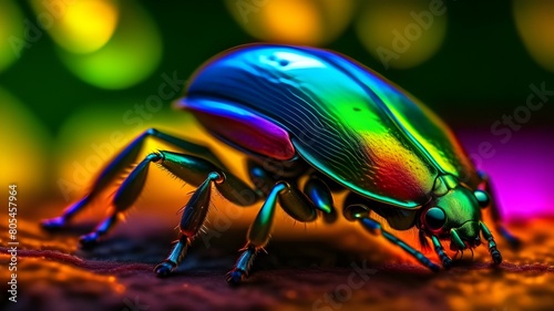 A close-up view of a beetle's iridescent shell, reflecting the vibrant colors of a tropical sunset © Skylinepixelx