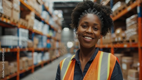 Smiling Worker in Warehouse Aisle