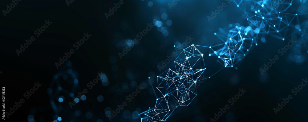 Dark gradient from black to deep blue with abstract molecular polygons a fluid transition highlighting the blend of technology and abstract design. Dark gradient from black to deep blue with abstract molecular polygons a fluid transition highlighting the blend of technology and abstract design.