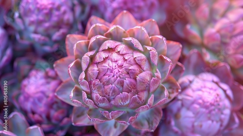 Close-up of a pink artichoke flower exhibiting intricate details. photo