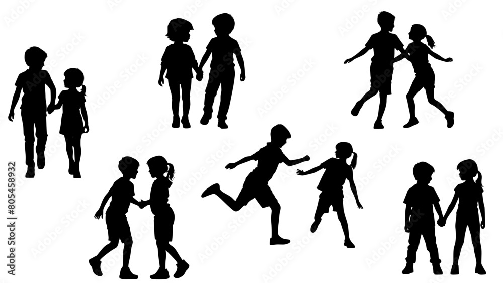 Stylish silhouette set of kids playing