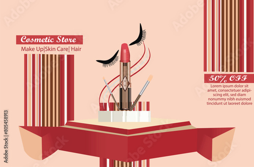 beauty online store  banner with realistic lipstick and makeup brushes.
