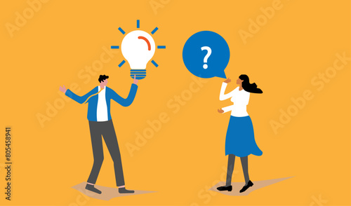 Businessman and businesswoman silhouette with speech bubble and idea concept. Question and answer. FAQ frequently asked qestion mark sing and lightbulb solution.