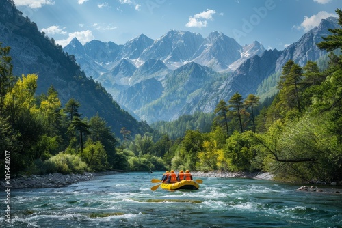A rafting boat floats along a stormy mountain river against the backdrop of high picturesque mountains © Maria