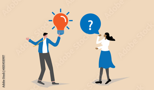 Question and answer, Businessman and businesswoman silhouette with speech bubble and idea concept. FAQ frequently asked qestion mark sing and lightbulb solution.