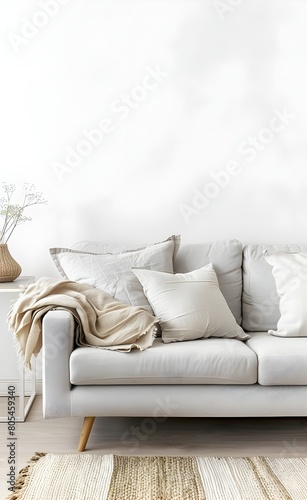 A light gray sofa with soft cushions, beige blanket and pillows against a white wall