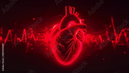 human heart shape with red cardio pulse line. Creative stylized red heart cardiogram with human heart on black background. Health, cardiology, cardiovascular diseases photo