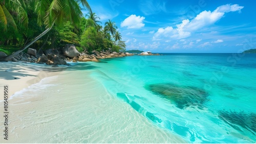 a serene tropical beach scene with crystal-clear turquoise waters