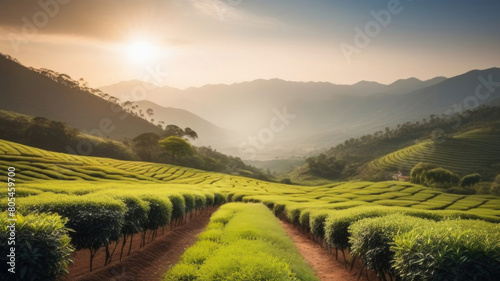 Amazing landscape view of tea plantation in sunset sunrise time. Nature background with blue sky and foggy  a lot of green plants  copy space