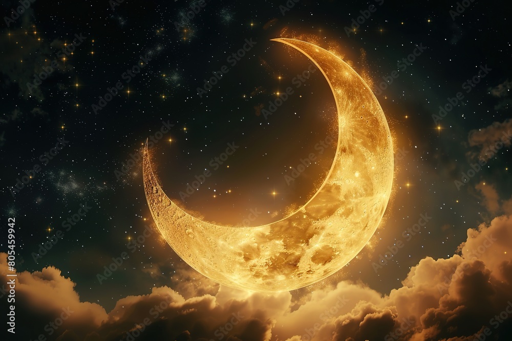 Golden crescent moon against starry sky symbolizing Islamic holidays. Golden crescent moon against starry sky symbolizing Islamic holidays.