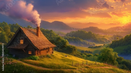  A quaint cottage nestled amidst rolling hills, smoke curling lazily from its chimney as it basks in the golden light of the setting sun 