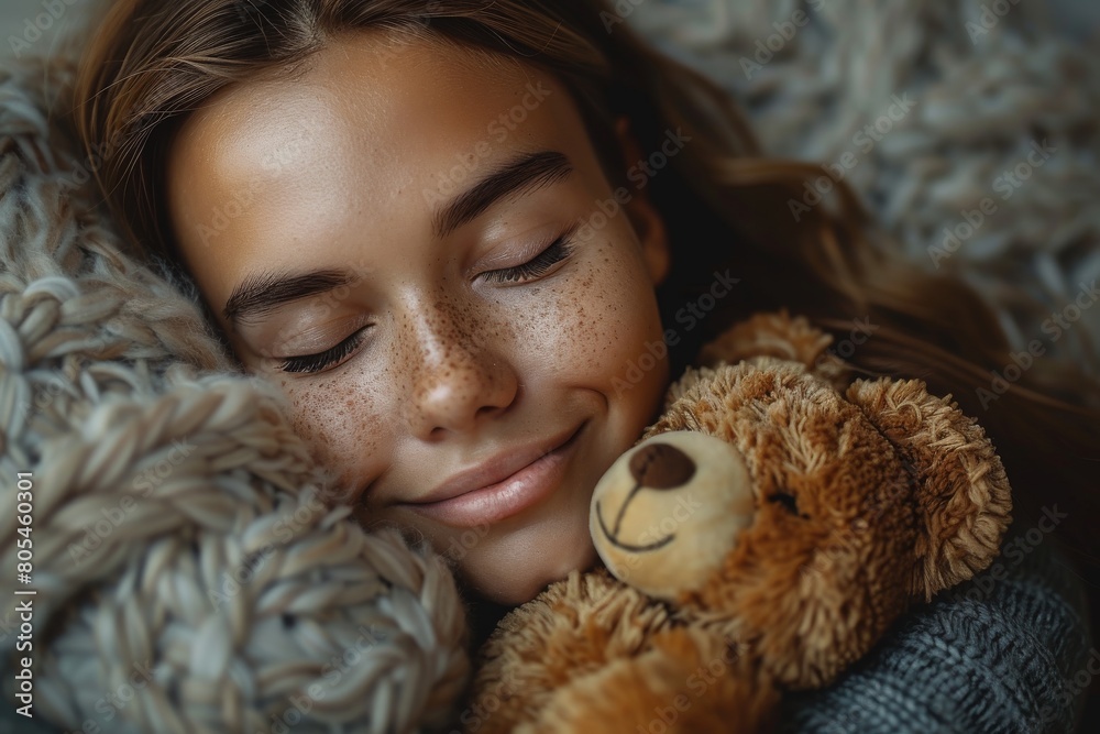 Teenage girl asleep with a stuffed toy, depicts comfort and peaceful rest in a homely setting Teenage girl asleep with a stuffed toy, depicts comfort and peaceful rest in a homely setting