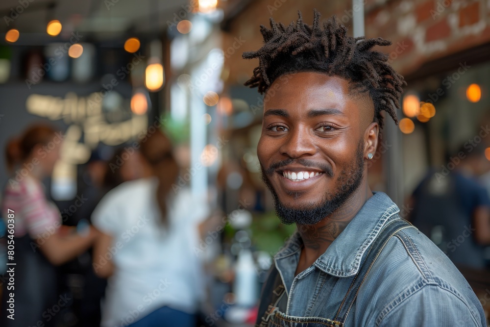 A cheerful young man with dreadlocks smiling in a cozy coffee shop setting A cheerful young man with dreadlocks smiling in a cozy coffee shop setting