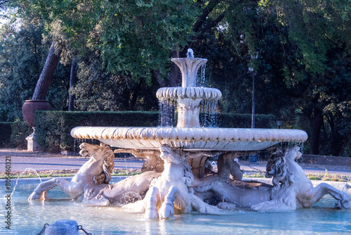 Rome, Italy - August 4th, 2022: Fontana dei Cavalli Marini a Villa Borghese - Fountain of the Sea horses