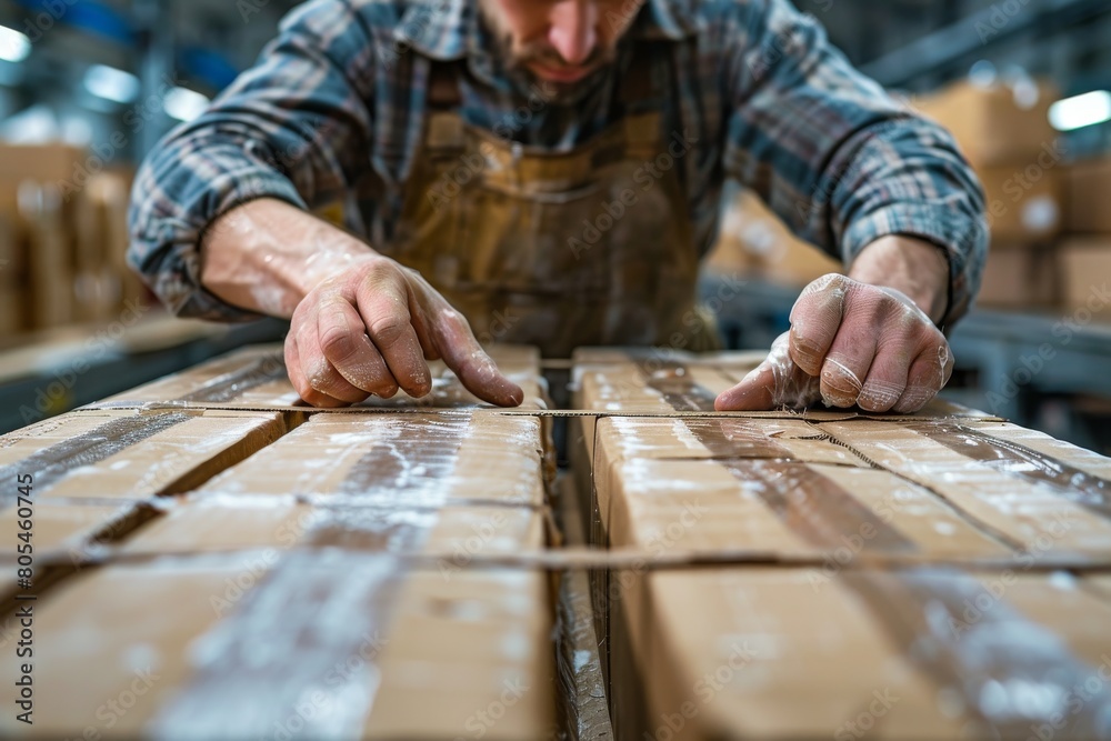 Close-up of a male worker in a brown apron carefully examining stacked cardboard boxes in an industrial warehouse setting Close-up of a male worker in a brown apron carefully examining stacked cardboard boxes in an industrial warehouse setting
