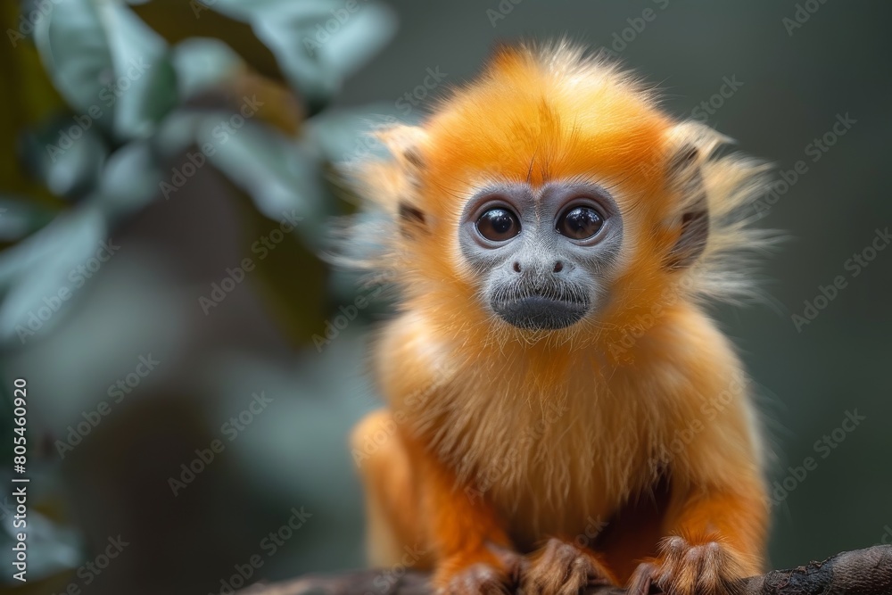 A close-up of a cute orange monkey with large expressive eyes sitting on a tree branch, surrounded by foliage A close-up of a cute orange monkey with large expressive eyes sitting on a tree branch, surrounded by foliage