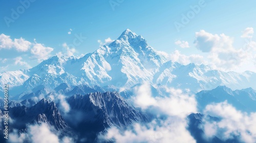  A serene mountain landscape, with snow-capped peaks rising majestically against a backdrop of clear blue skies and fluffy white clouds  © Vision Graphics