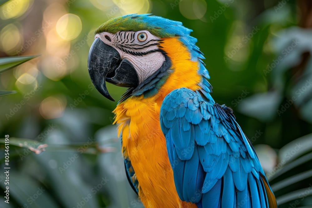 A side portrait accentuating the profile and natural grace of a blue and yellow macaw A side portrait accentuating the profile and natural grace of a blue and yellow macaw