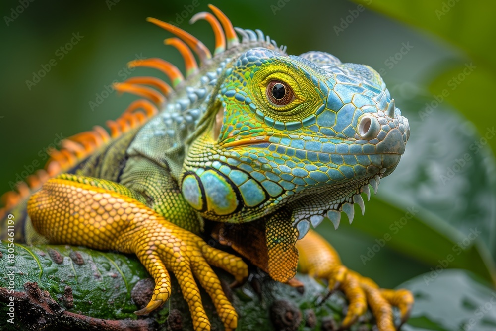 This image captures a colorful iguana perched on a tree branch, drawing attention to its vibrant orange and green scales This image captures a colorful iguana perched on a tree branch, drawing attention to its vibrant orange and green scales