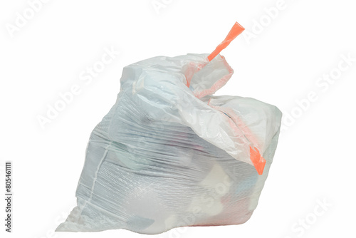 Trash Bag With Orange Tie Isolated On White