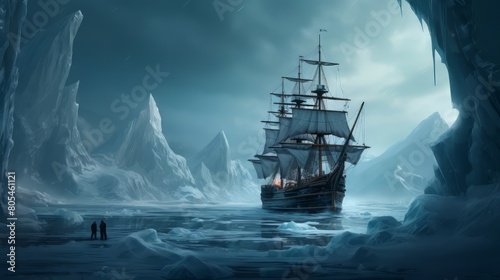 arctic exploration with ship, sharp focus, intricate, diorama, omunious atmosphere,detailed illustration, beautiful color palette.