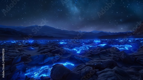 The desert night is alive with the soft glow of bioluminescent creatures, their ethereal light casting an otherworldly aura across the barren landscape. Against the backdrop of a star-filled sky,