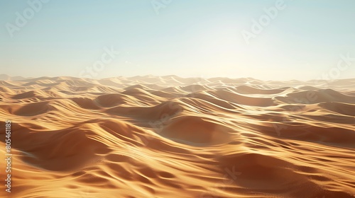 The desert sands shimmer in the midday sun  their golden hues casting a warm glow across the barren landscape. Against the backdrop of a cloudless sky 