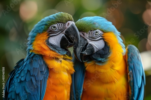 An affectionate capture of two macaws cuddling, showcasing their bond and vibrant colors © Larisa AI
