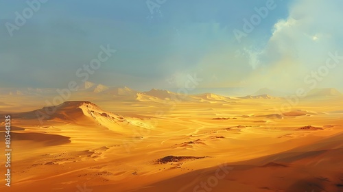 The desert sands shimmer in the midday sun  their golden hues casting a warm glow across the barren landscape. Against the backdrop of a cloudless sky 