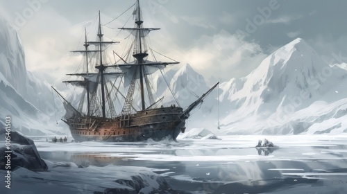 Arctic exploration with ship  sharp focus  intricate  detailed illustration  beautiful color palette.