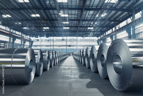 Rolls of sheet metal stand in neat rows in a warehouse